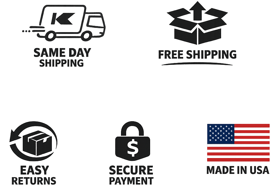 Set of icons and logos on a black background, including a truck, box, lock, and American flag.